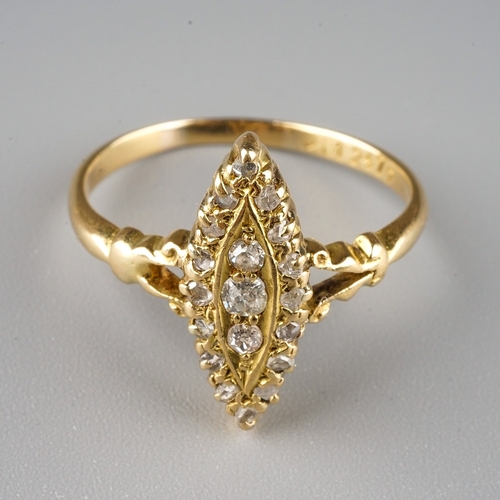 235 - A Victorian yellow gold and diamond navette ring, set with old and rose-cut diamonds, size O1/2, mar... 