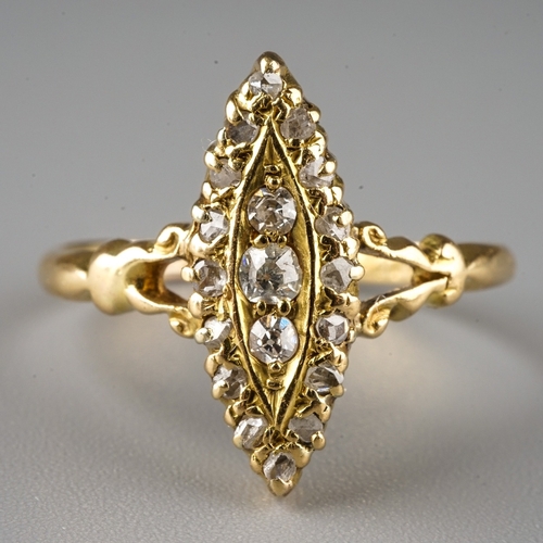 235 - A Victorian yellow gold and diamond navette ring, set with old and rose-cut diamonds, size O1/2, mar... 