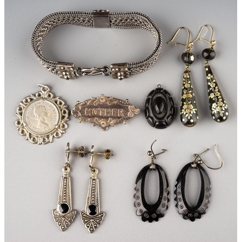 237 - A pair of 19th century pique work earrings; a pair of jet earrings and pendant; a silver bracelet; a... 