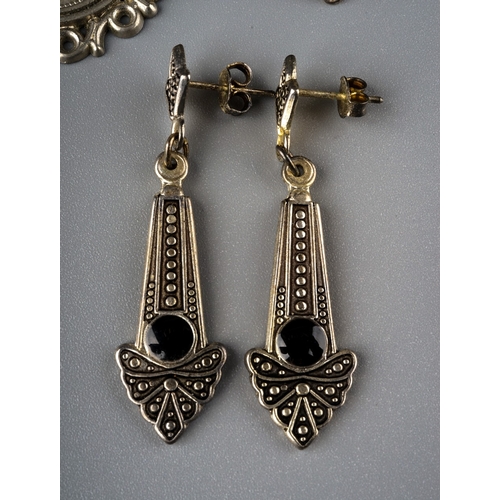 237 - A pair of 19th century pique work earrings; a pair of jet earrings and pendant; a silver bracelet; a... 