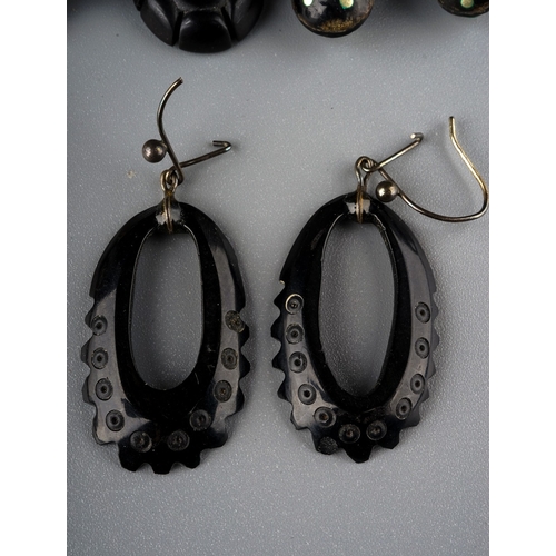 237 - A pair of 19th century pique work earrings; a pair of jet earrings and pendant; a silver bracelet; a... 