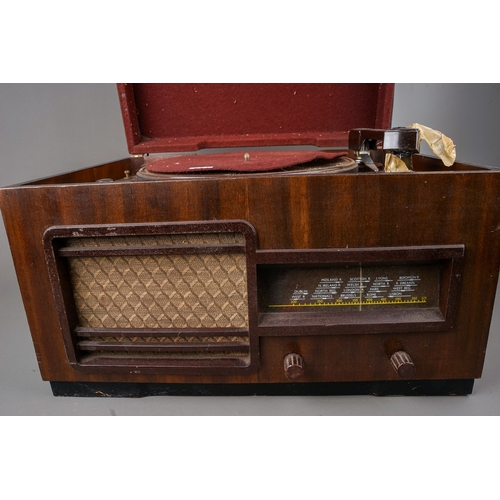 248 - Two HMV portable gramophones and a Marconi RG11A radiogram, the HMV comprising a blue cased model 10... 