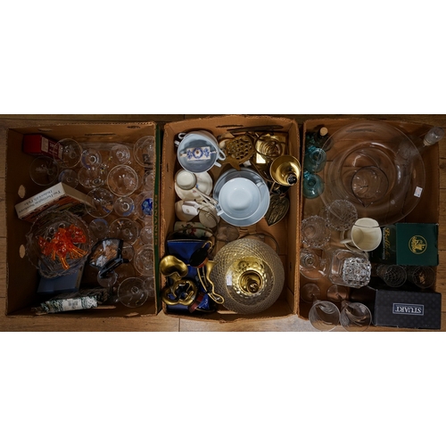 254 - Three boxes of 20th century glassware, ceramics and metalware, including thirteen Babycham glasses, ... 