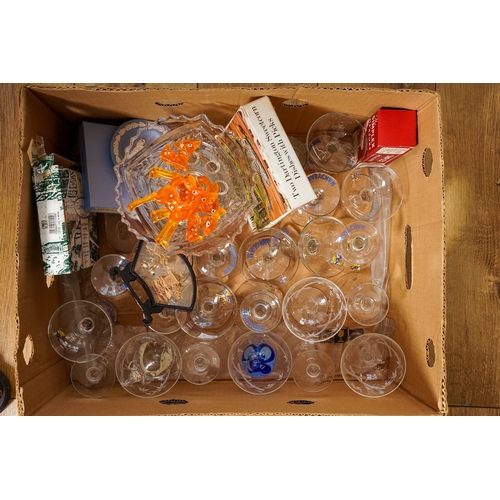 254 - Three boxes of 20th century glassware, ceramics and metalware, including thirteen Babycham glasses, ... 