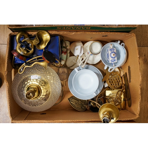 254 - Three boxes of 20th century glassware, ceramics and metalware, including thirteen Babycham glasses, ... 