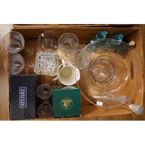 254 - Three boxes of 20th century glassware, ceramics and metalware, including thirteen Babycham glasses, ... 