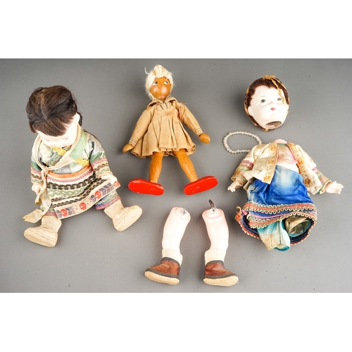 265 - Two mid 20th century composition Chinese costume dolls of a boy and a girl, s.d., heights 21cm appro... 