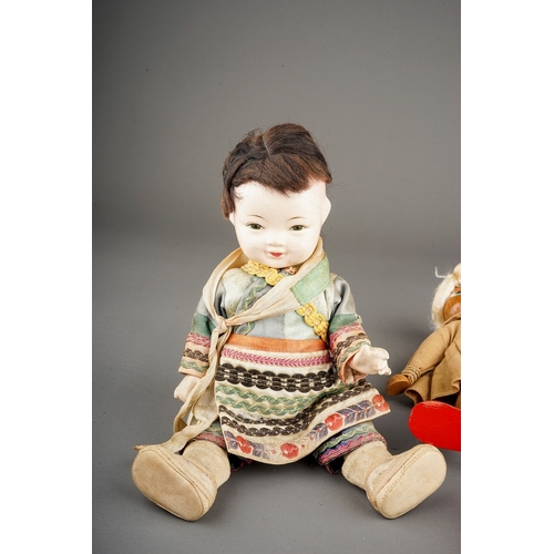 265 - Two mid 20th century composition Chinese costume dolls of a boy and a girl, s.d., heights 21cm appro... 