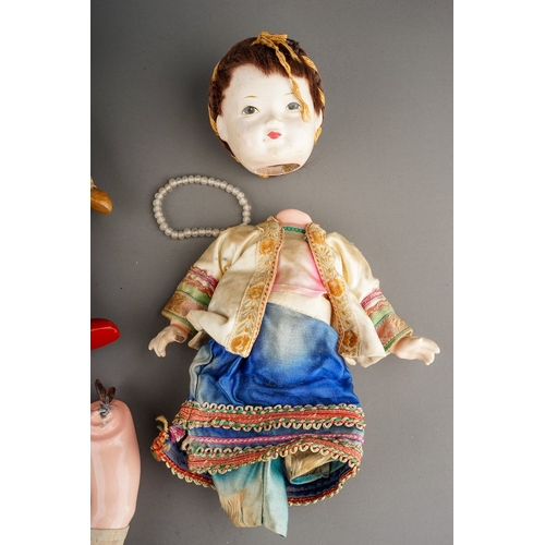 265 - Two mid 20th century composition Chinese costume dolls of a boy and a girl, s.d., heights 21cm appro... 