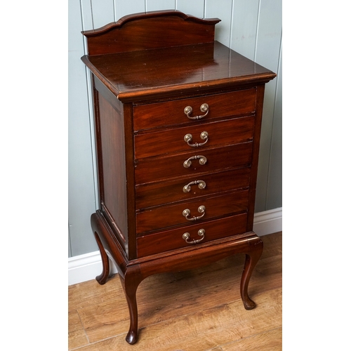 271 - Edwardian mahogany sheet music cabinet, raised back, fitted with six fall-front drawers, on cabriole... 