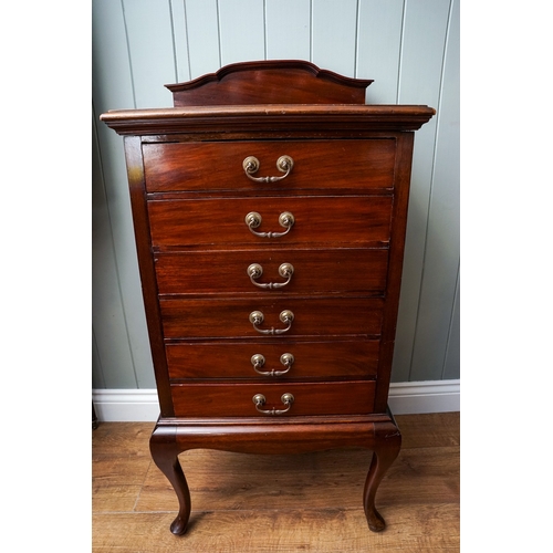 271 - Edwardian mahogany sheet music cabinet, raised back, fitted with six fall-front drawers, on cabriole... 