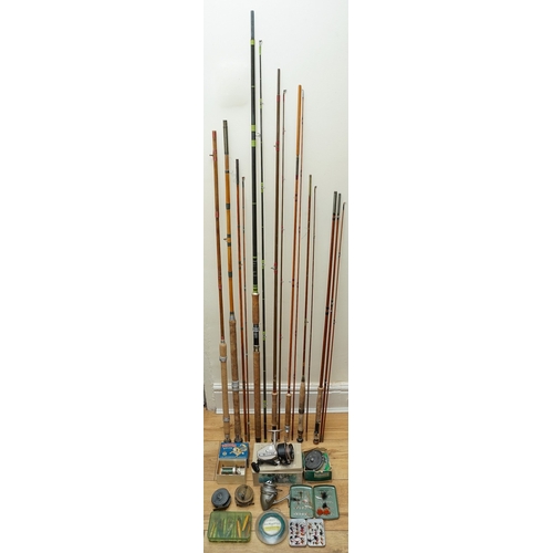 572 - A collection of fishing equipment, primarily rods and reels, the six reels include a brass Milbro, a... 