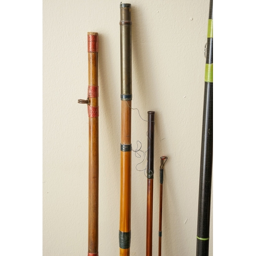 572 - A collection of fishing equipment, primarily rods and reels, the six reels include a brass Milbro, a... 