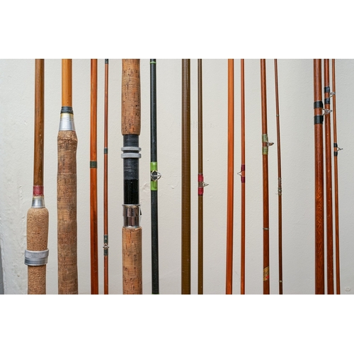 572 - A collection of fishing equipment, primarily rods and reels, the six reels include a brass Milbro, a... 