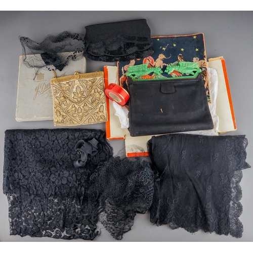 574 - A group of three vintage bags and a small quantity of black lace, etc, one black suede bag with jade... 