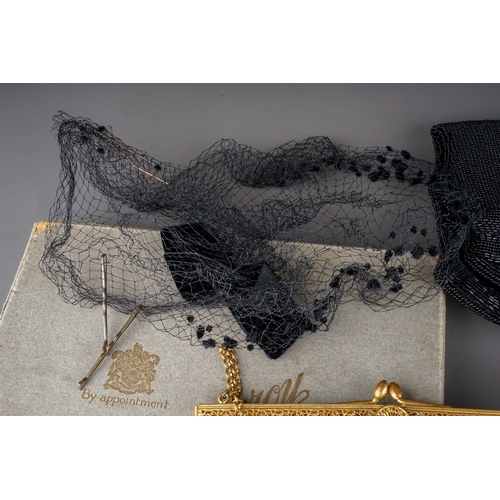 574 - A group of three vintage bags and a small quantity of black lace, etc, one black suede bag with jade... 