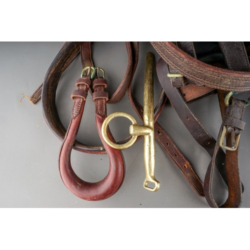 575 - A box containing a quantity of brown leather and brass horse tack, including harnesses, bridle and a... 