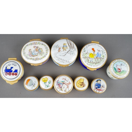 581 - A collection of ten enamel boxes by Halcyon Days, Crummles, and Alastor Enamels, mostly Winnie-the-P... 