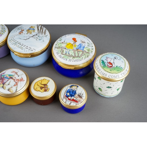 581 - A collection of ten enamel boxes by Halcyon Days, Crummles, and Alastor Enamels, mostly Winnie-the-P... 