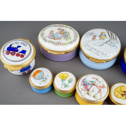 581 - A collection of ten enamel boxes by Halcyon Days, Crummles, and Alastor Enamels, mostly Winnie-the-P... 