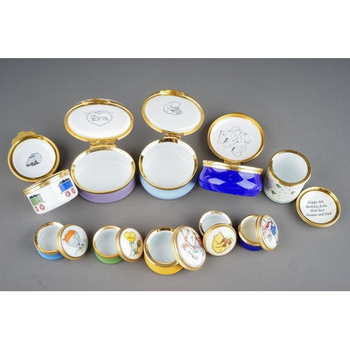 581 - A collection of ten enamel boxes by Halcyon Days, Crummles, and Alastor Enamels, mostly Winnie-the-P... 