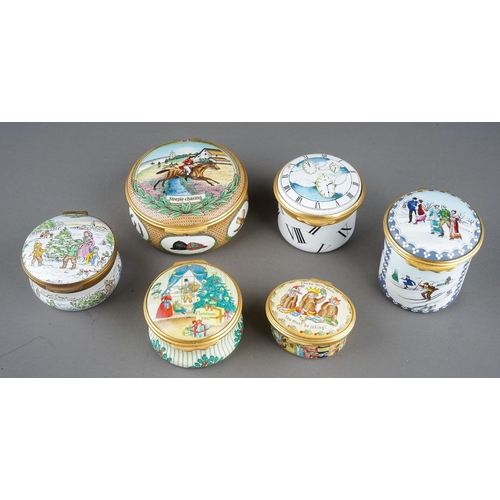 582 - Six enamel boxes by Halcyon Days, Crummles and Alastor Enamels, including a Steeple-Chasing themed b... 