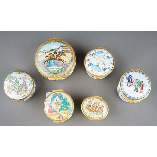 582 - Six enamel boxes by Halcyon Days, Crummles and Alastor Enamels, including a Steeple-Chasing themed b... 