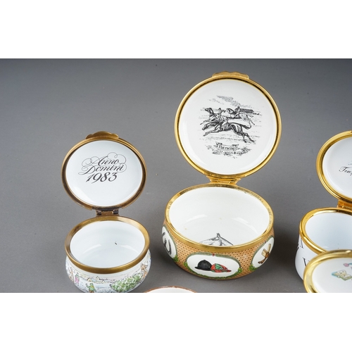 582 - Six enamel boxes by Halcyon Days, Crummles and Alastor Enamels, including a Steeple-Chasing themed b... 