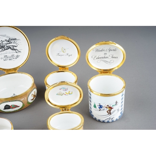 582 - Six enamel boxes by Halcyon Days, Crummles and Alastor Enamels, including a Steeple-Chasing themed b... 