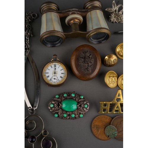 588 - Costume jewellery - beads, 1930s brooches, opera glasses, gold-plated gate bracelet, ladies fob watc... 