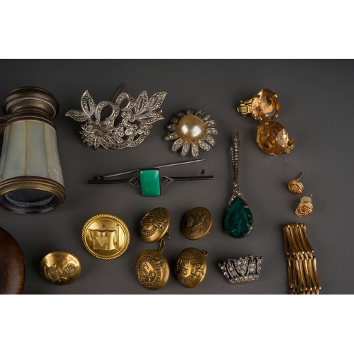 588 - Costume jewellery - beads, 1930s brooches, opera glasses, gold-plated gate bracelet, ladies fob watc... 