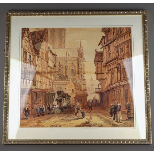 639 - Attributed to Samuel Prout (1783-1853)
French Street Scene with Cathedral 
sepia watercolour, 39 x 4... 