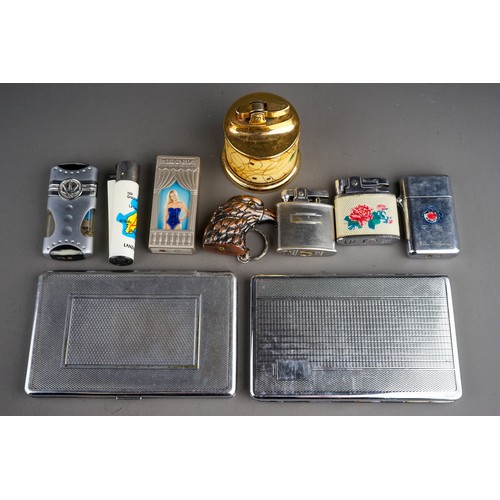 100A - A bag of smoking accessories, comprising two chrome plated cigarette cases, one with initials, a Rol... 