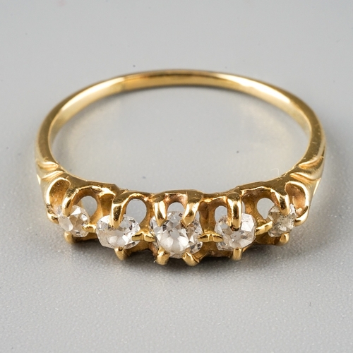 1 - A yellow gold and diamond five-stone ring, set with graduated old-cut diamonds, size Q1/2, unmarked ... 