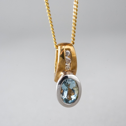 7 - A 9ct yellow and white gold diamond and aquamarine pendant, set with an oval-cut aquamarine, three r... 