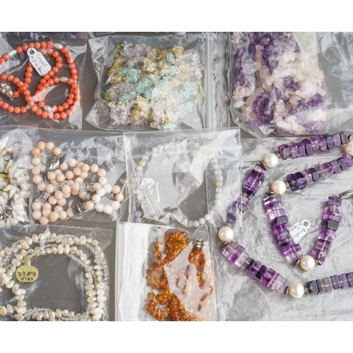 21 - Assorted gem-set necklaces and bracelets, including amethyst, rock crystal, aventurine, jade, haemat... 