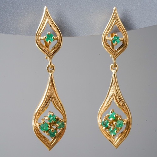 26 - An 18ct yellow gold and emerald drop earrings, post and clip fittings, total gross weight approx 3.3... 