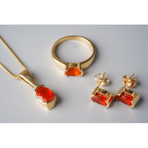 32 - A suite of 14k yellow gold and fire opal, including a ring, size N, a pendant necklace, and a pair o... 