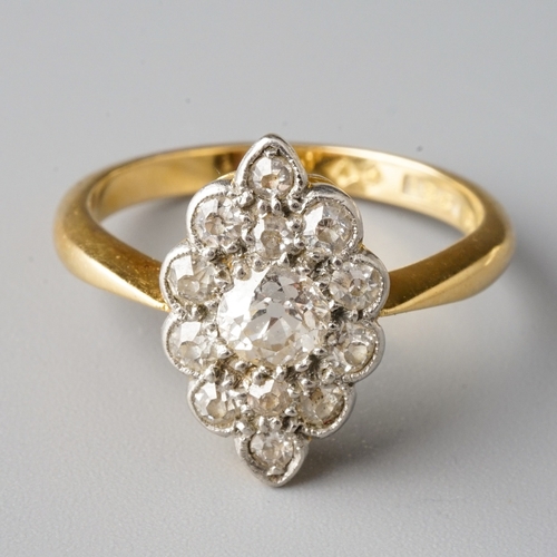 43 - An Edwardian 18ct yellow gold and diamond navette ring, set with old-cut diamonds, size L, gross wei... 