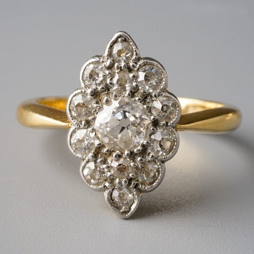 43 - An Edwardian 18ct yellow gold and diamond navette ring, set with old-cut diamonds, size L, gross wei... 