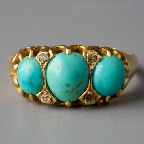 44 - An Edwardian 18ct yellow gold and turquoise three-stone ring, diamond accents, size N, Chester 1906,... 