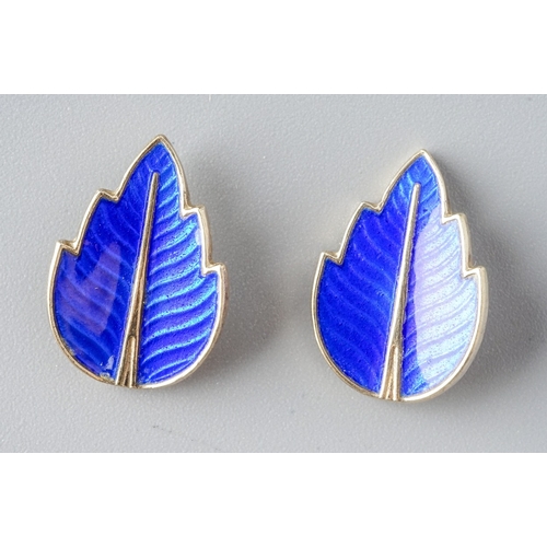 49 - Jemax - a pair of Danish silver-gilt and blue enamel leaf earrings, post and butterfly fittings, gro... 