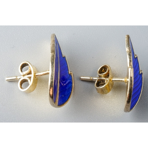 49 - Jemax - a pair of Danish silver-gilt and blue enamel leaf earrings, post and butterfly fittings, gro... 