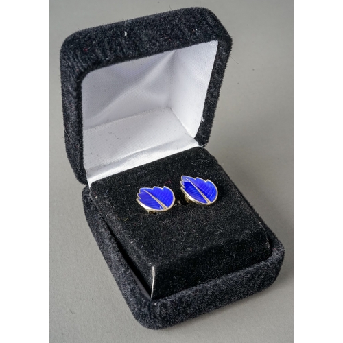 49 - Jemax - a pair of Danish silver-gilt and blue enamel leaf earrings, post and butterfly fittings, gro... 