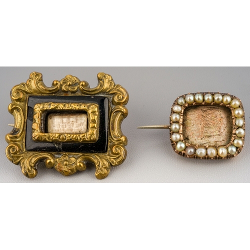 56 - Two 19th century mourning brooches, one set with seedpearls, the other with black enamel, total gros... 