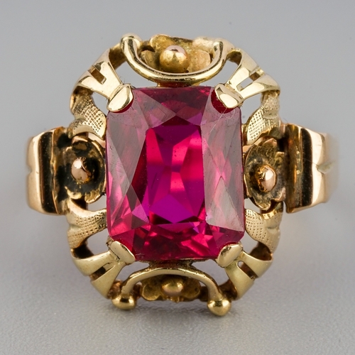 58 - A yellow gold and synthetic ruby ring, size M, unmarked assessed as approx 14k, gross weight 3.1g