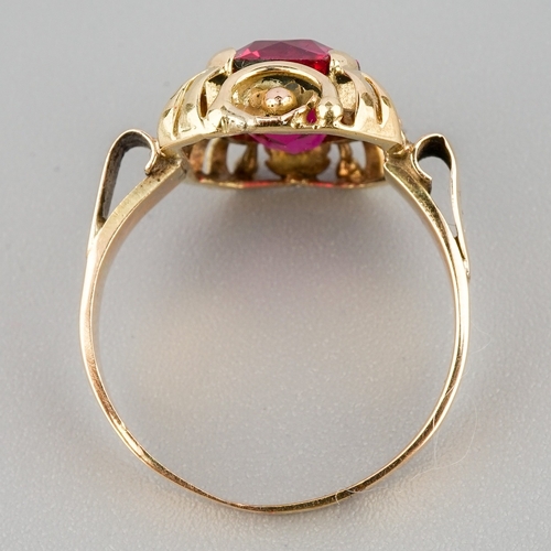 58 - A yellow gold and synthetic ruby ring, size M, unmarked assessed as approx 14k, gross weight 3.1g