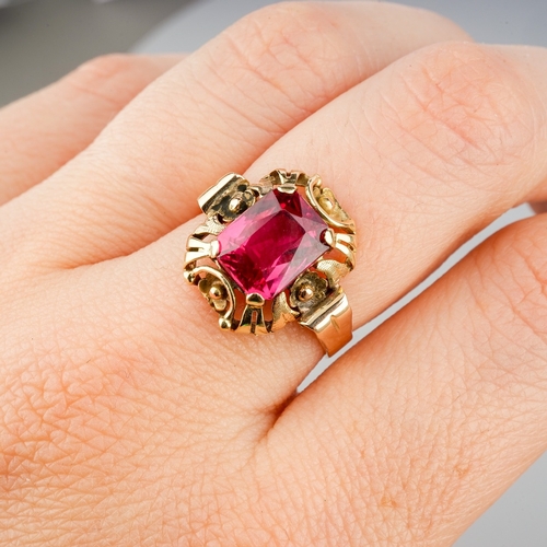 58 - A yellow gold and synthetic ruby ring, size M, unmarked assessed as approx 14k, gross weight 3.1g