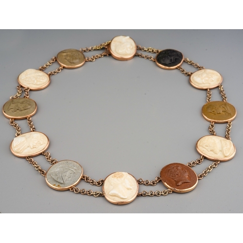 61 - 19th century yellow metal mounted lava cameo necklace and bracelet. Marks to the clasp of the bracel...