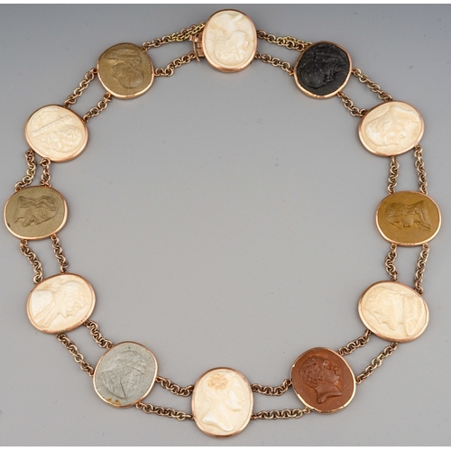 61 - 19th century yellow metal mounted lava cameo necklace and bracelet. Marks to the clasp of the bracel... 